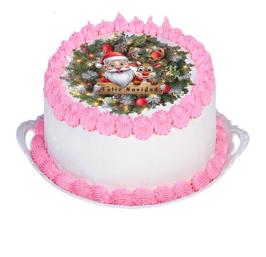 Christmas-themed cake with pink frosting and Santa Claus and reindeer decoration on a white background