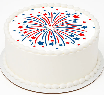 White cake with red, blue, and white star and stripe design on a white background