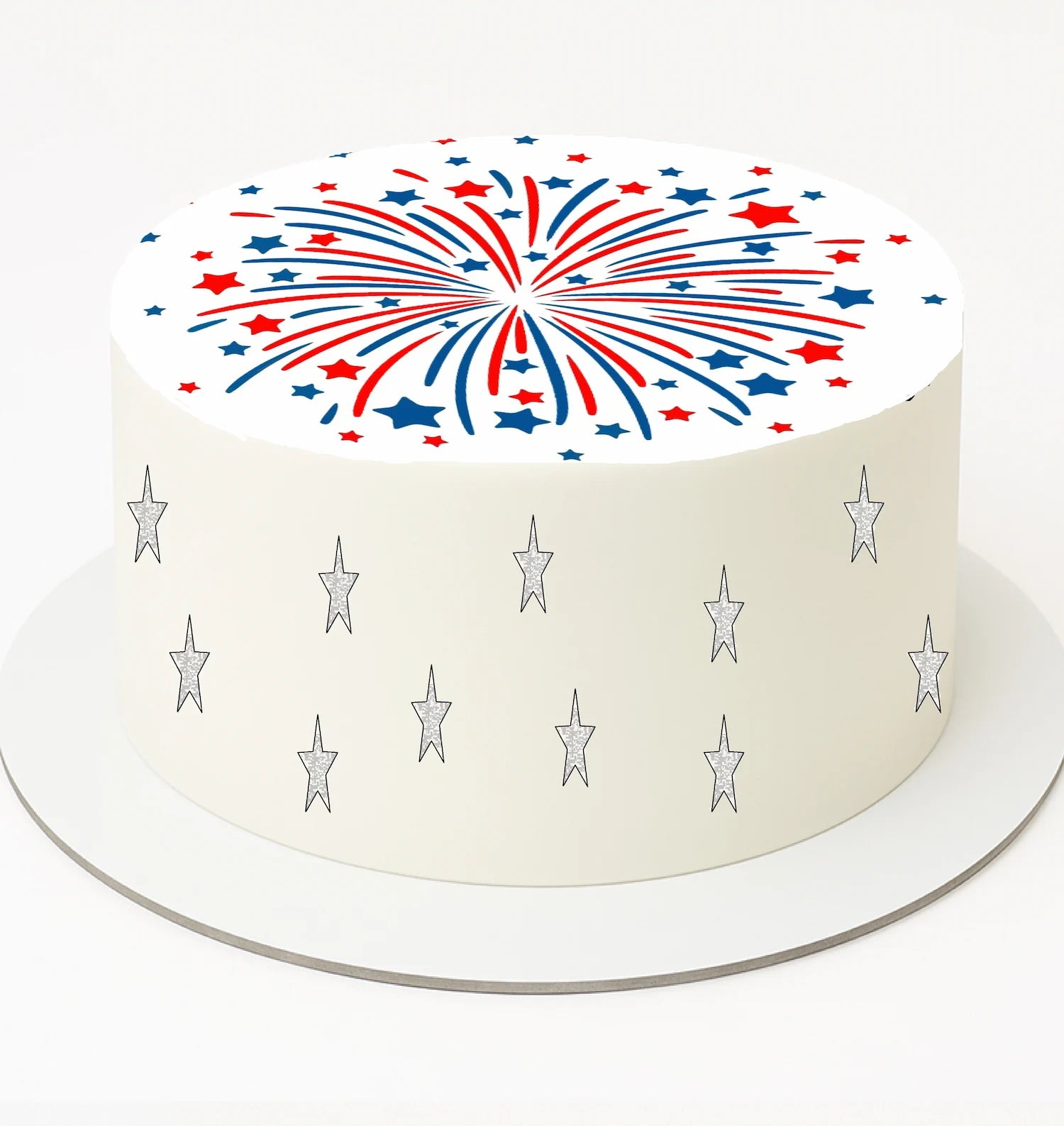 Cake with red, white, and blue starburst design on a white background