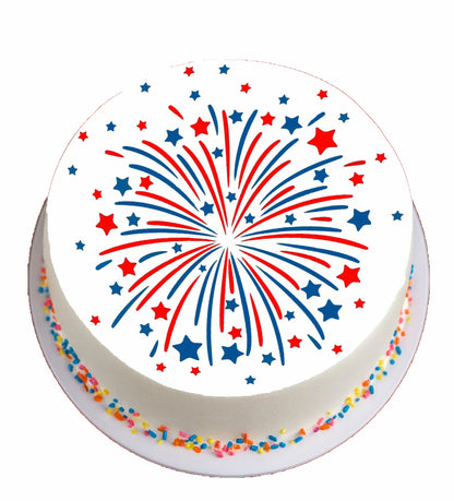 Cake topper with red, blue, and white fireworks design on a white background