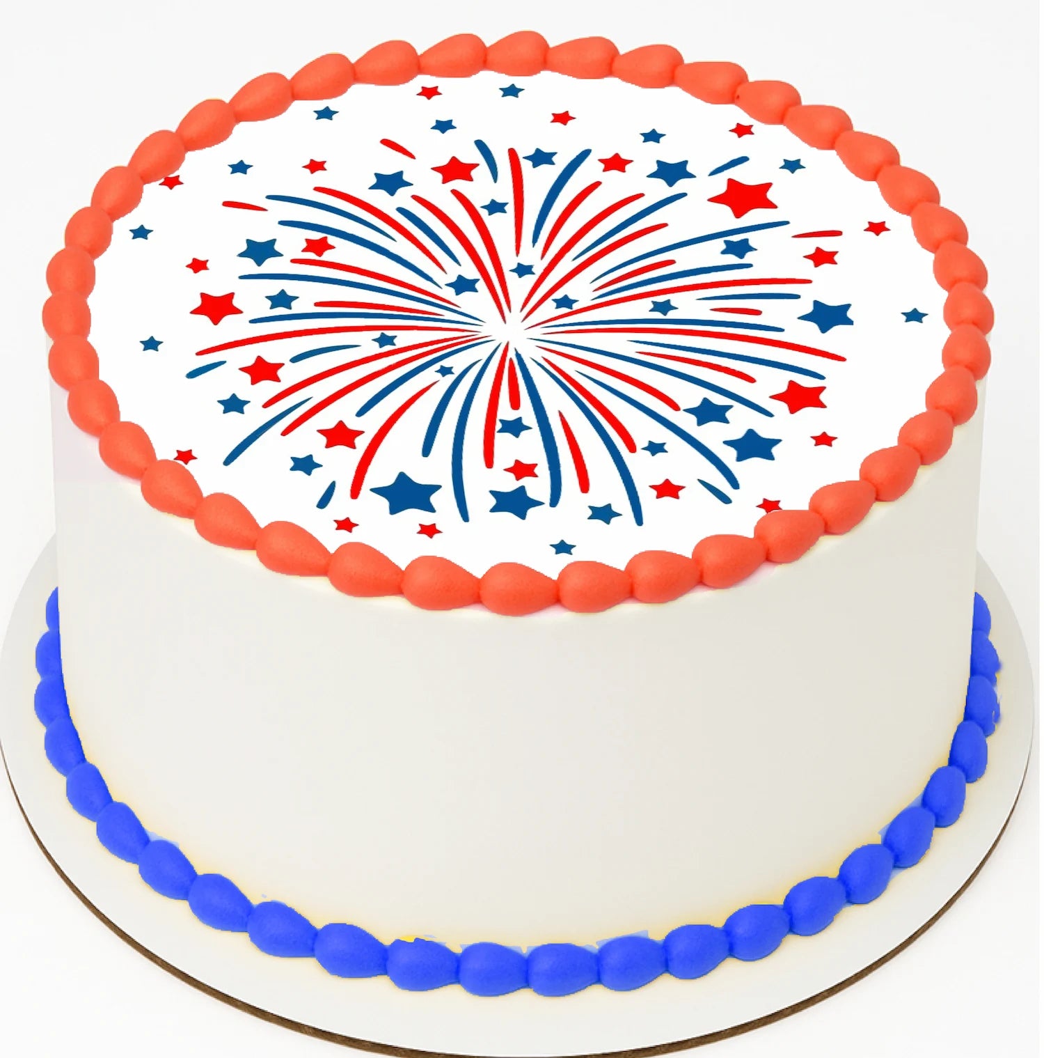 Cake with red, white, and blue decorations on a white background