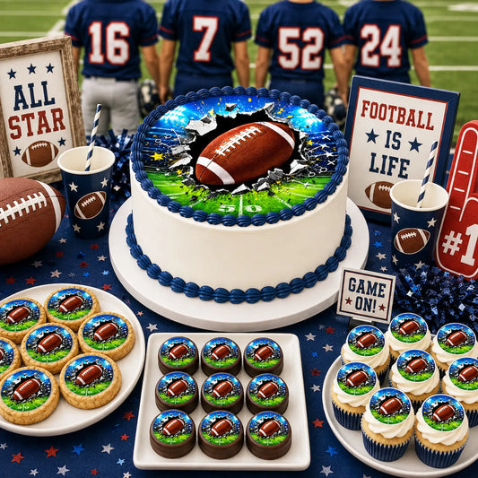 Celebrate with our Football Edible Image Cake Topper - 8" Precut Icing Sheet - RA Pape