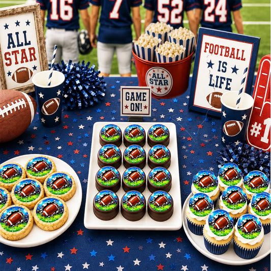 Celebrate with our Football Edible Image Cookie Topper - 20 - 2" Precut Icing Sheet - RA Pape