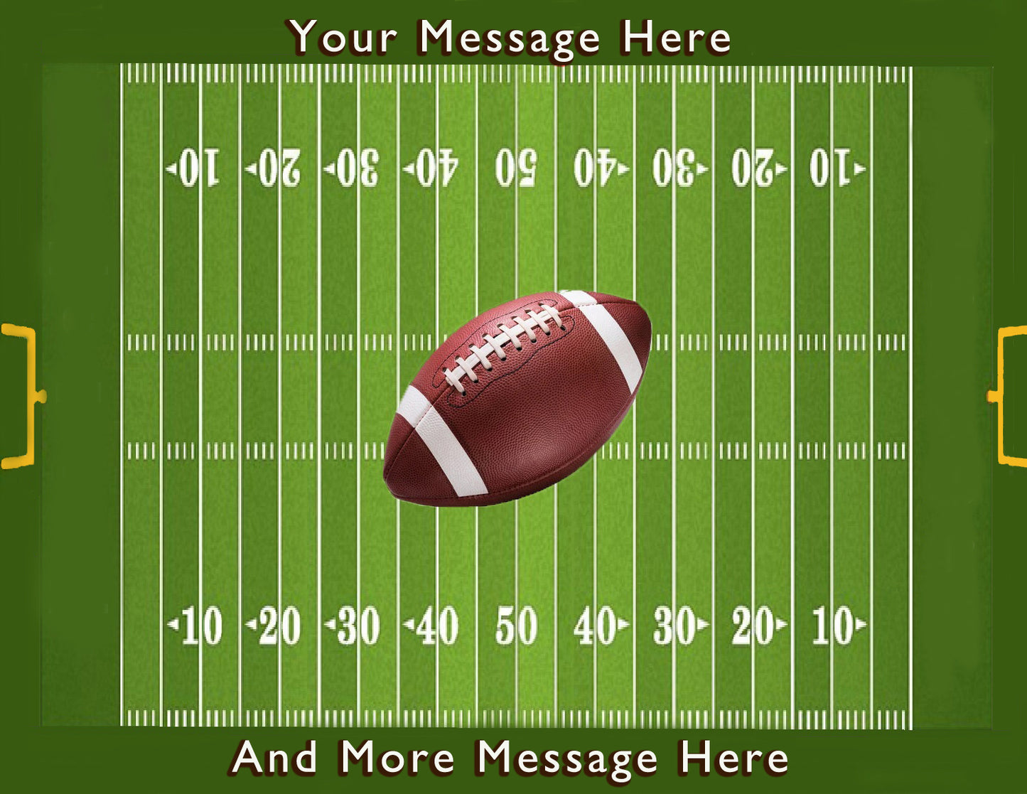 Football on a football field with customizable text areas on edible icing sheet cake.