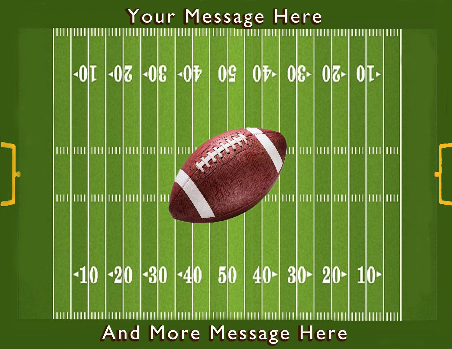 Football on a football field with customizable text areas on edible icing sheet cake.