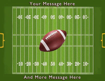 Football on a football field with customizable text areas on edible icing sheet cake.