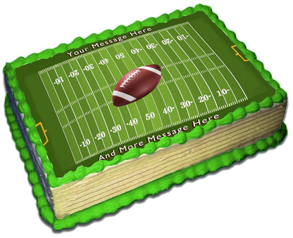Football-themed cake topper with a green field and football design on a sheet cake edible image.