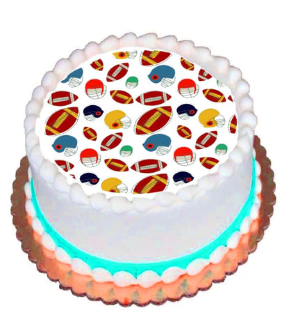 Round cake topper with football-themed decorations on an edible image.