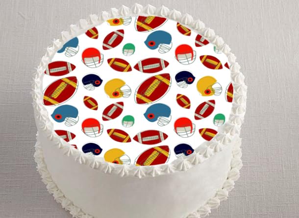 Round cake topper with football-themed decorations edible image.