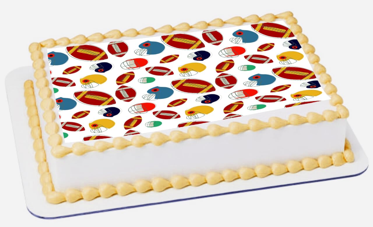 Sheet cake topper with footballs and colorful helmets pattern on an edible image.