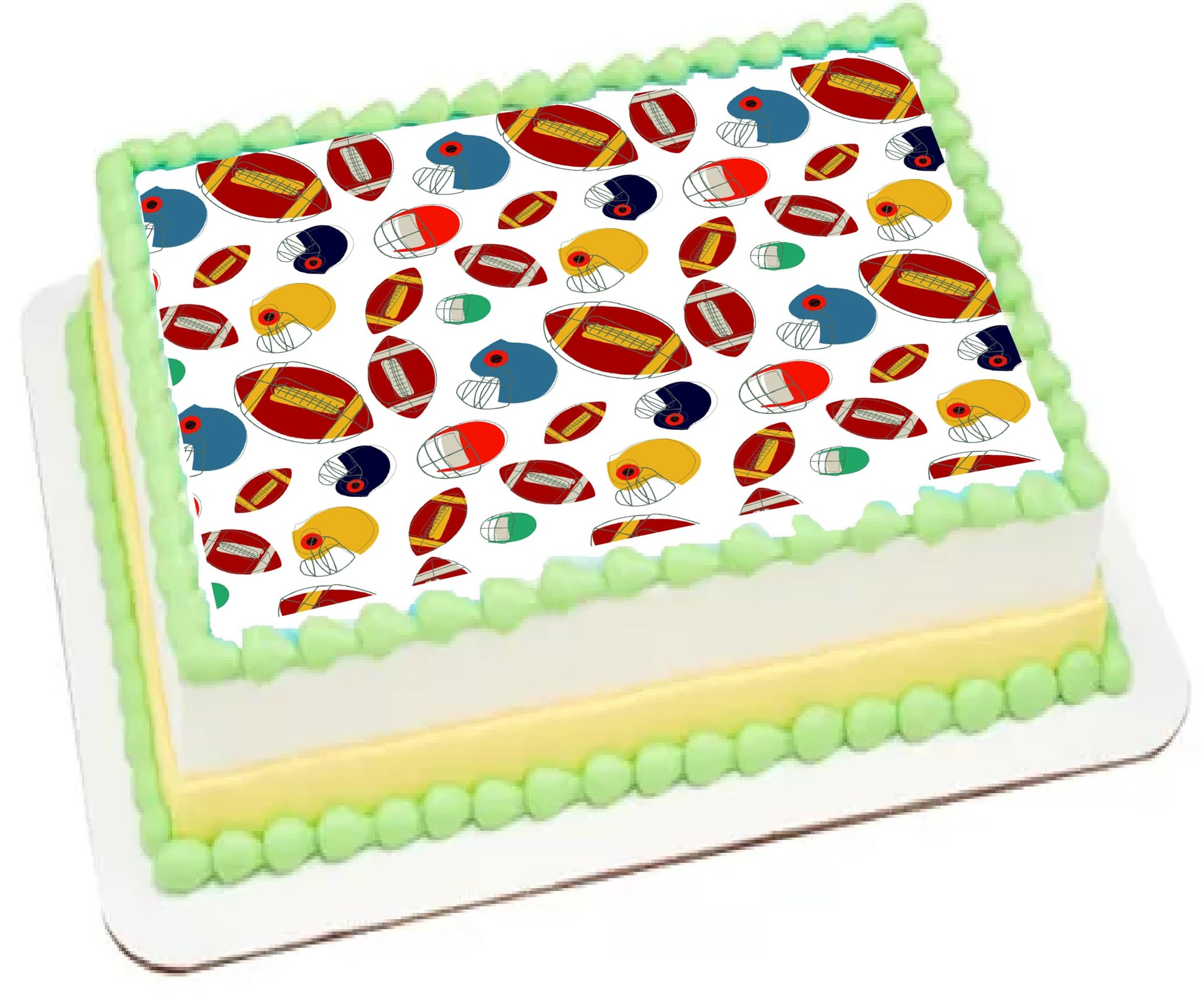 Edible image sheet cake  topper with colorful helmets and football pattern.