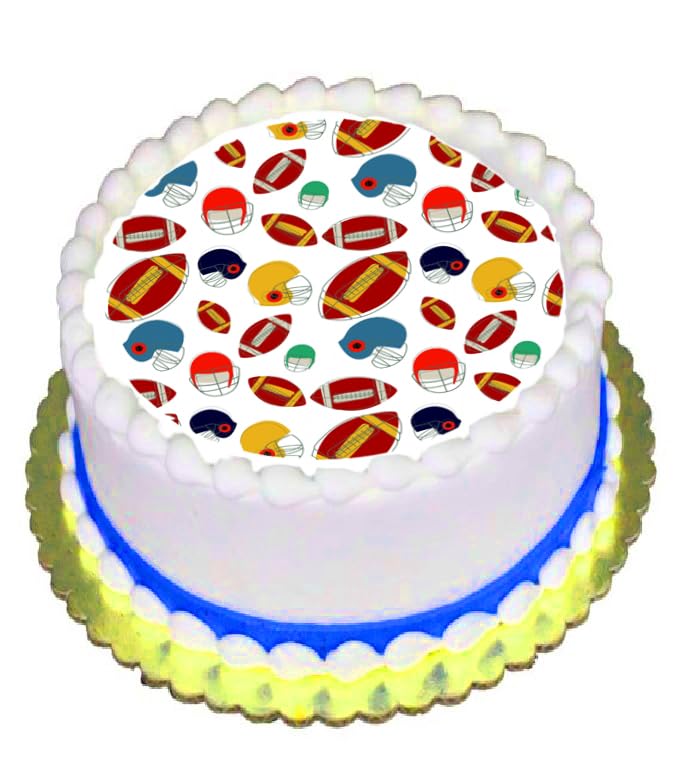 Edible image with football sports-themed decorations on a precut cake topper