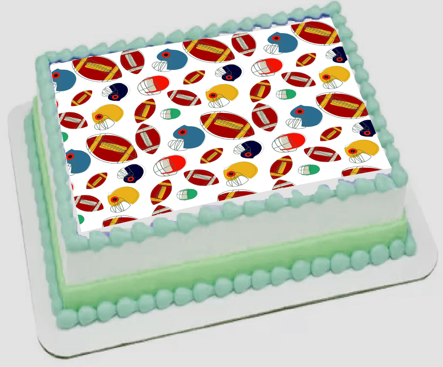 Sheet cake edible image with helmets and football design.