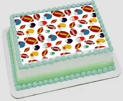 Sheet cake edible image with helmets and football design.