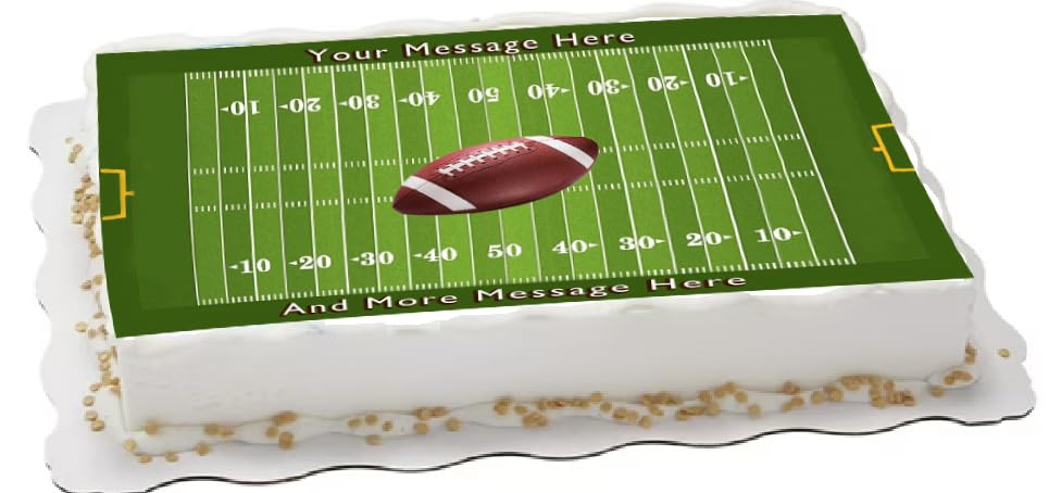 Decorative sheet cake topper with football field design customizable text edible image .