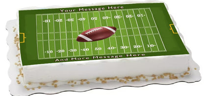 Decorative sheet cake topper with football field design customizable text edible image .