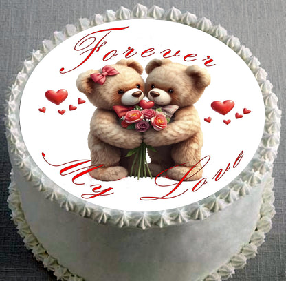 Forever my Love text written on an Anniversary Edible Image Cake Topper designed with two teddy  bears cuddling with roses and hearts around them.