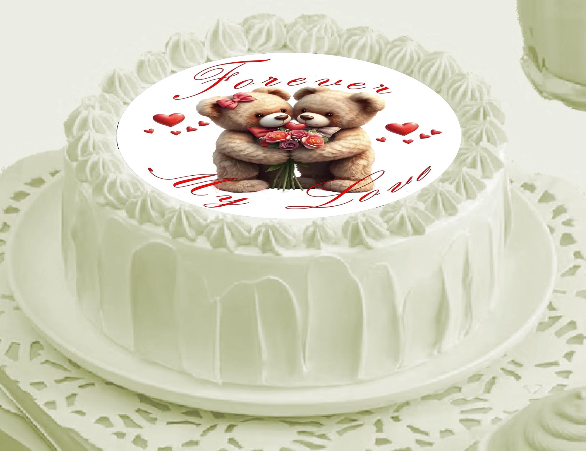 Two teddy bears cuddling with roses and hearts around them. 'Forever my Love'  On an edible image cake  topper for an anniversary cake 