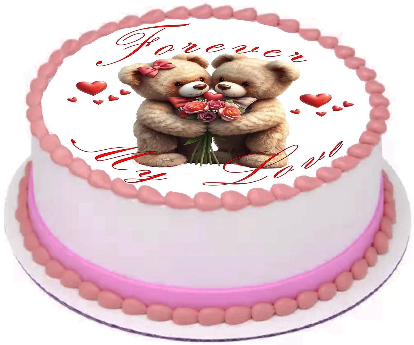 Edible image with 'Forever my Love' text  for an Anniversary cake topper designed with two teddy  bears cuddling with roses and hearts around them.