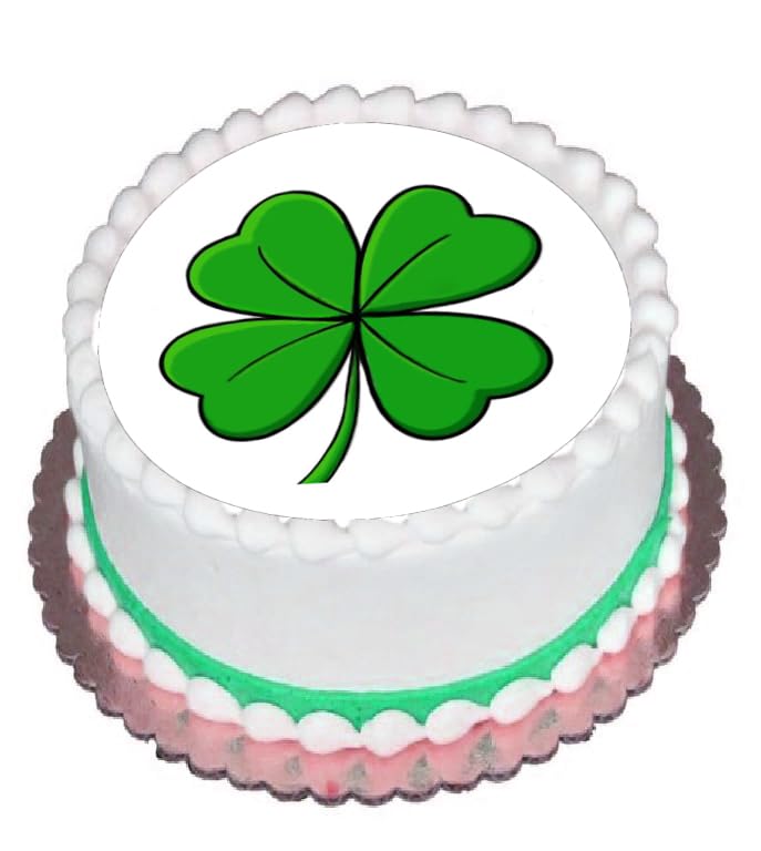 Round precut edible image cake topper with a green four-leaf clover design.