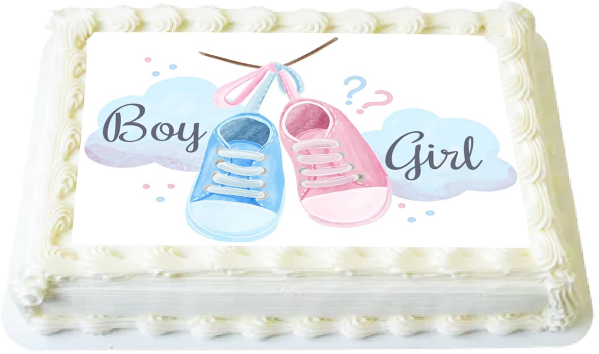 Sheet cake with gender reveal design featuring blue and pink shoes and text 'Boy?' and 'Girl?'.