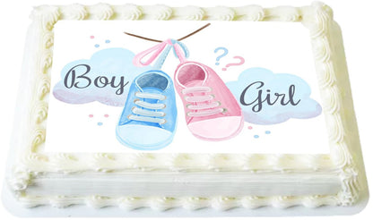 Sheet cake with gender reveal design featuring blue and pink shoes and text 'Boy?' and 'Girl?'.