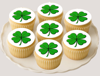 Get your Irish on With 4 Leaf Clover St. Paddy Day Edible Image Cookie & Cupcake Toppers on a plate of cupcakes