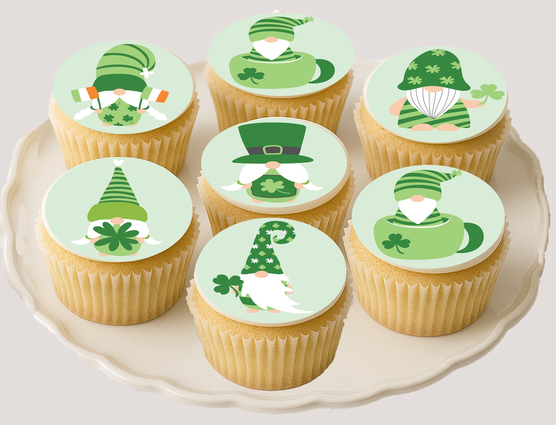 Get your Irish on With St. Paddy Day Gnomes Edible Image Cookie & Cupcake Toppers –  Precut 2” Rounds on cupcakes