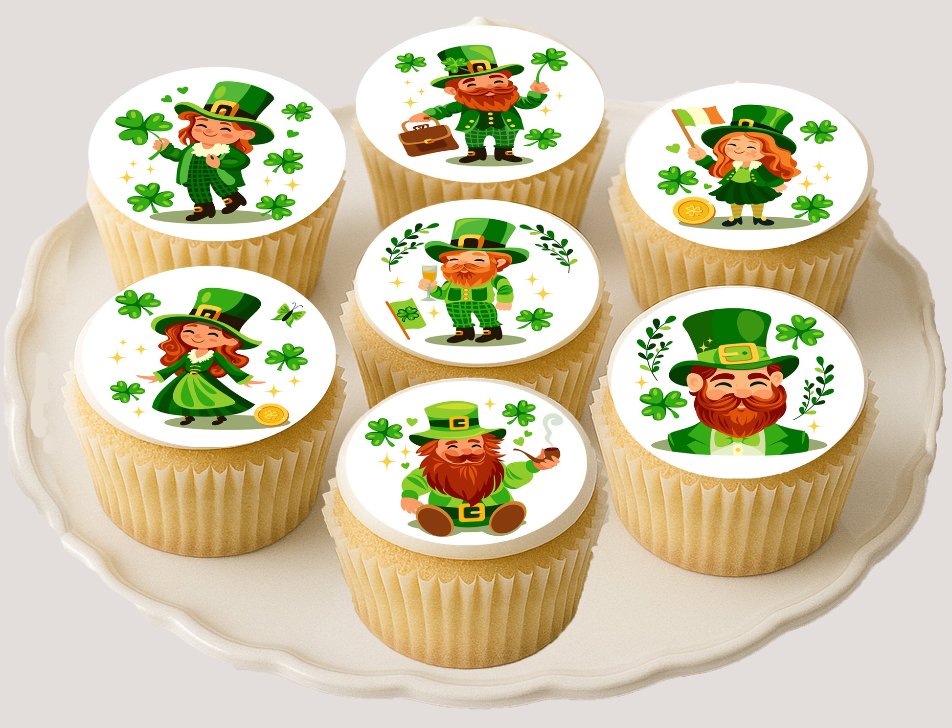 Get your Irish on With a Irish Lucky Leprechaun St. Paddy Day Edible Image Cookie & Cupcake Toppers –  Precut 2” Rounds on cupcakes