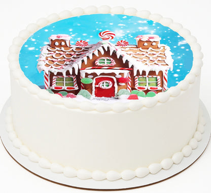 Custom Edible Cake Topper – Gingerbread House Christmas Design – Pre-cut 8" Round Icing Sheet – RA Pape