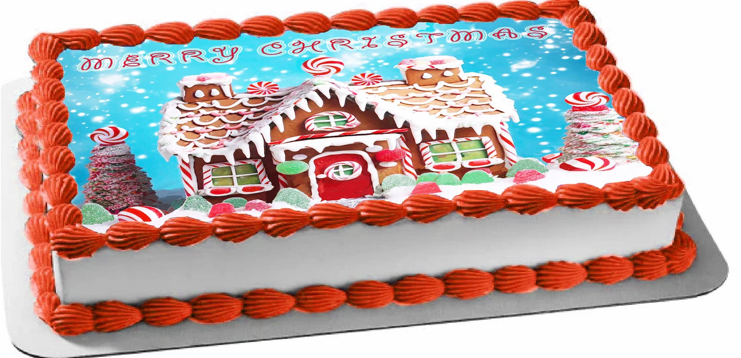 Gingerbread House Christmas Edible Image Sheet Cake Toppers - Easy to use