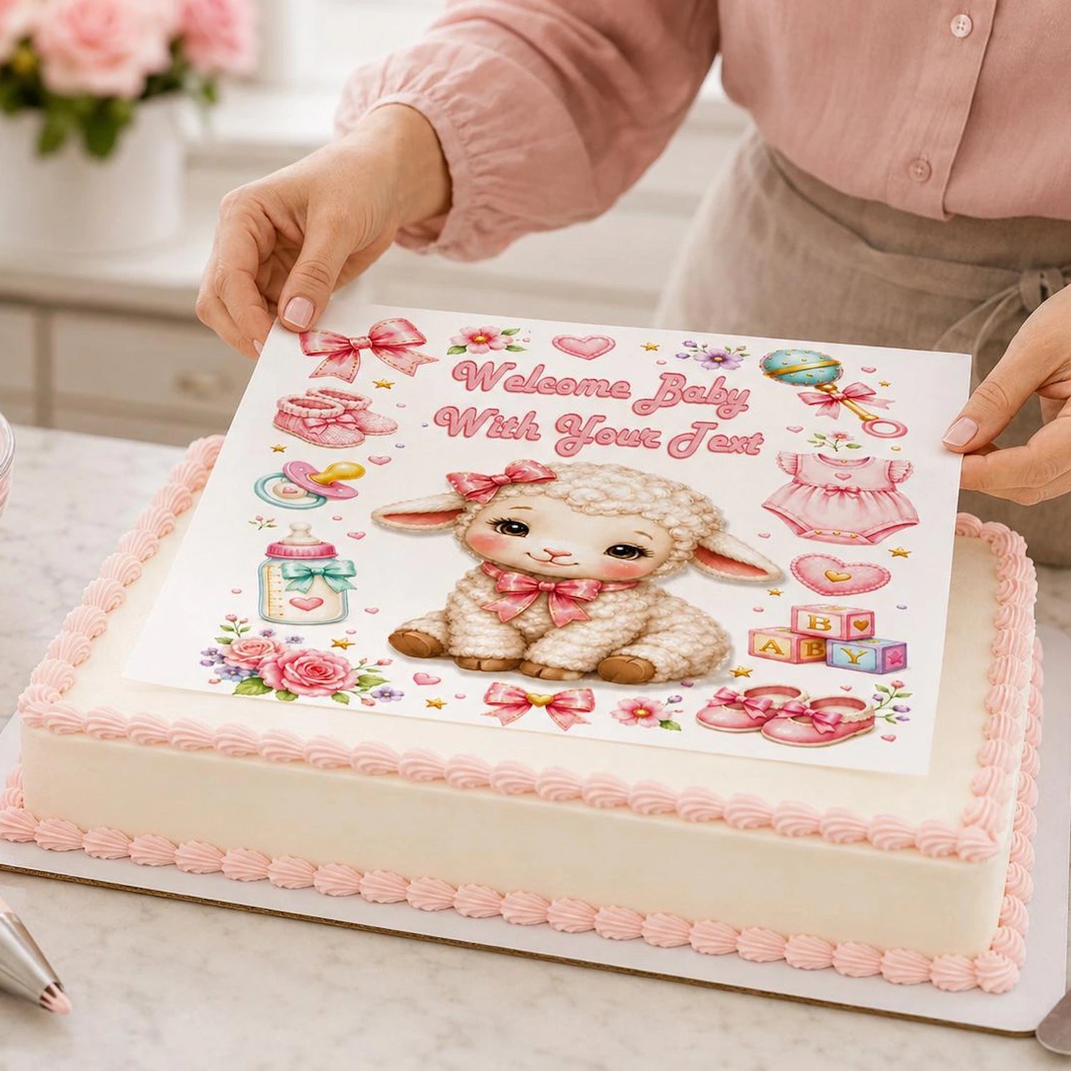 Girl Baby Shower Custom Edible Image Cake Topper - 1/4 Icing Sheet easy to apply