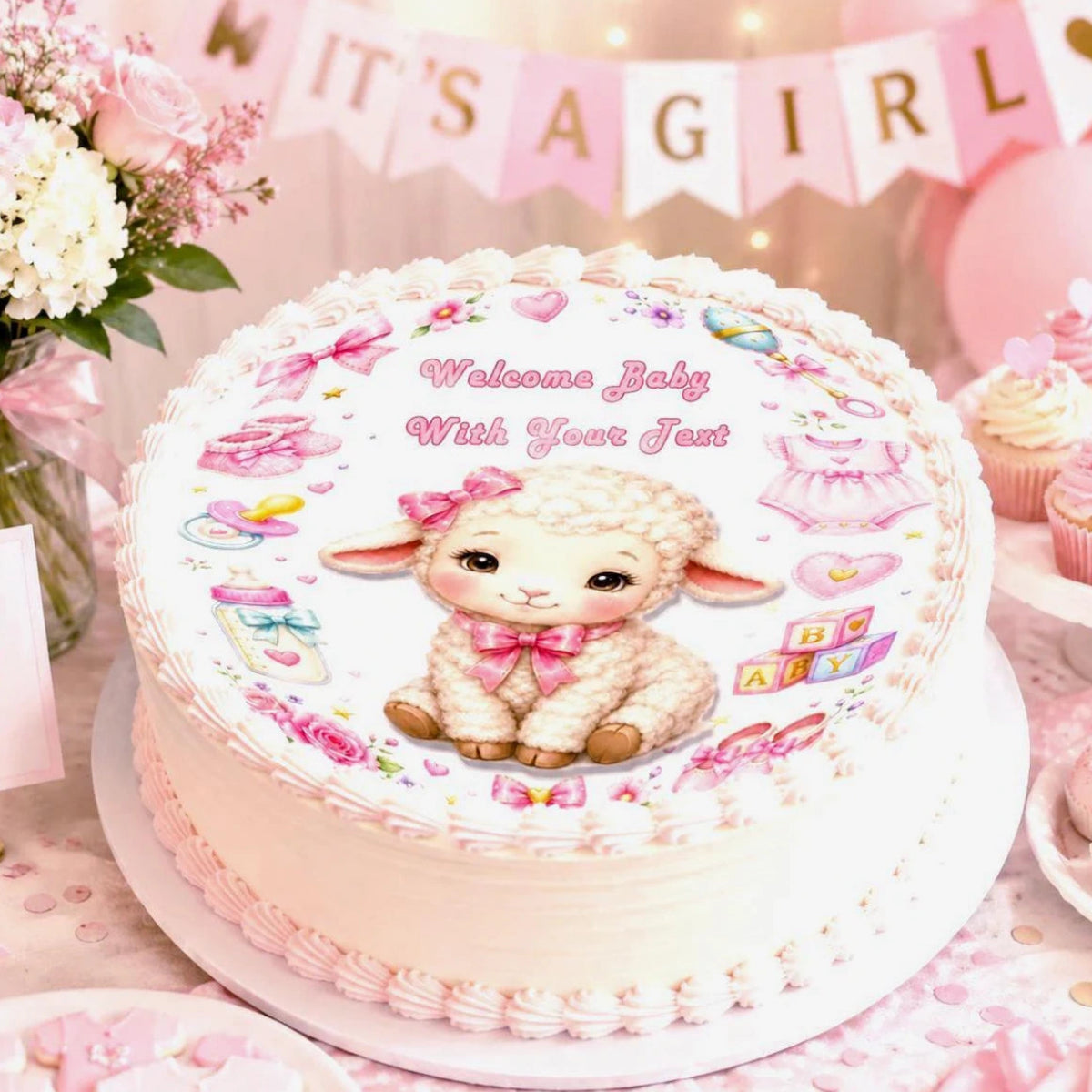 Celebrate with ourGirl Baby Shower Custom Edible Image Cake Topper - Precut 8" Icing Sheet