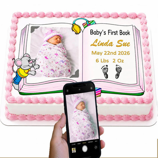 Girl Baby Shower Edible Image Cake Topper -First Book- Icing Sheet