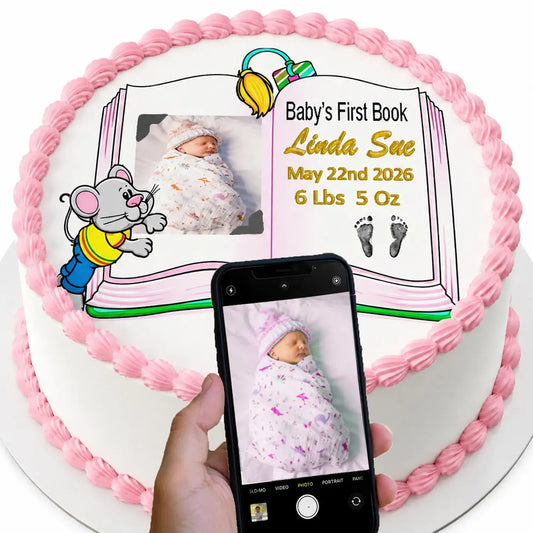 Girl Baby Shower Edible Image Cake Topper -First Book- Precut 8" Icing Sheet