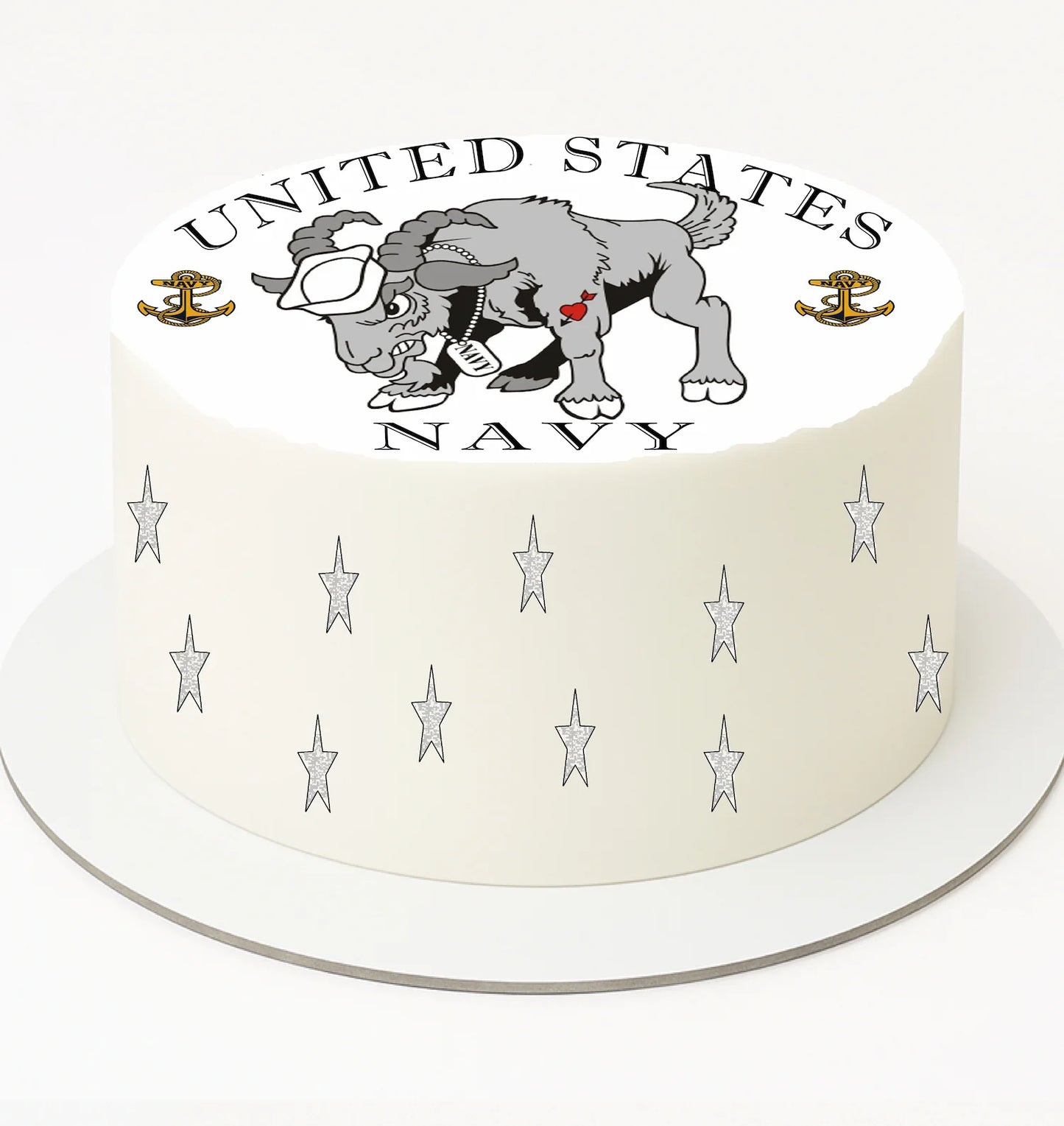 Cake with United States Navy logo featuring a cartoon bear and stars on a white background