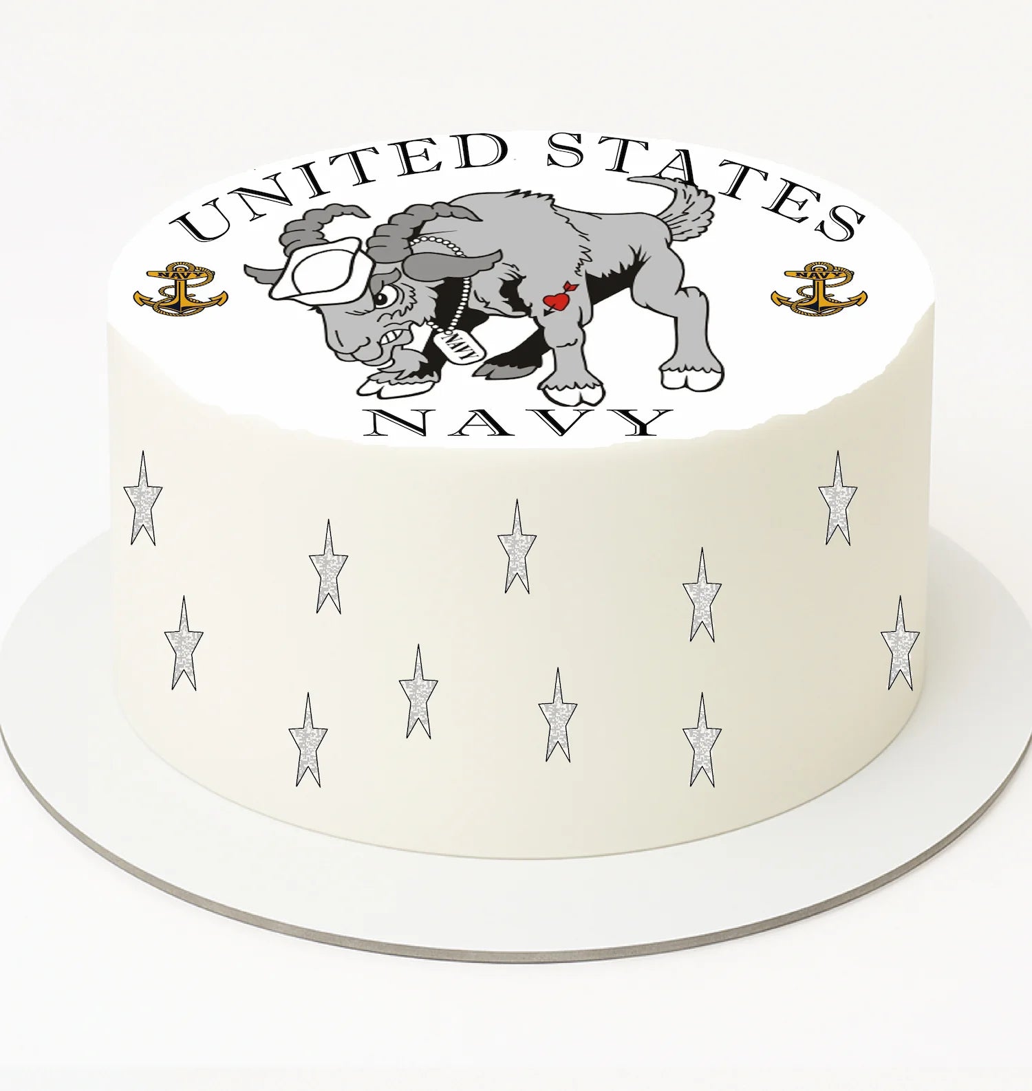 Cake with United States Navy logo featuring a cartoon bear and stars on a white background