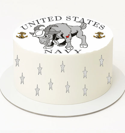 Cake with United States Navy logo featuring a cartoon bear and stars on a white background