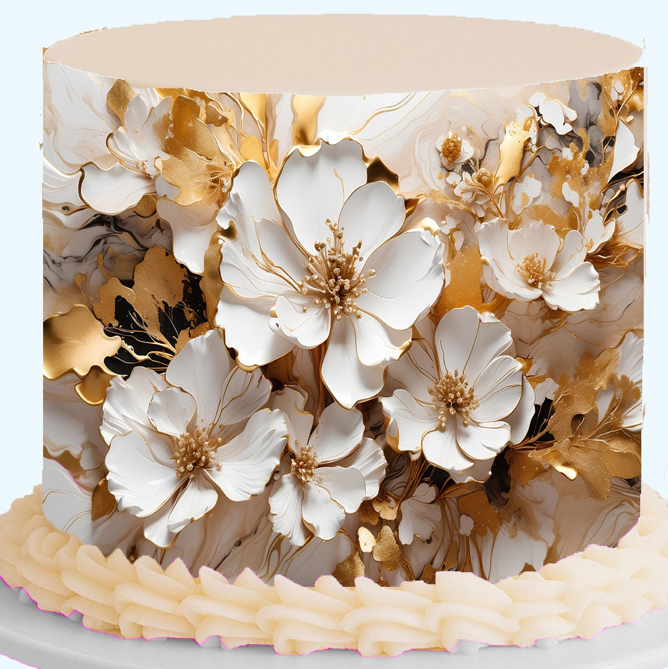 Golden Bloom Seamless Edible Cake Wrap - Elegant Gold and White Floral Icing Sheet for Weddings Easy to Use
