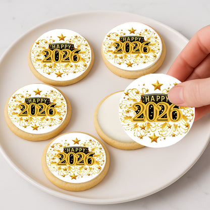 Custom Edible Cake Topper – Golden Celebration  Design – Icing Sheet Cookie & Cupcake Images –20 Pre-cut 2” Round– RA Pape