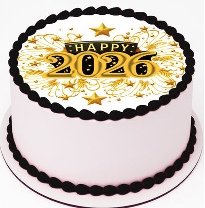 Custom Edible Cake Topper – Golden Top Hat New Year Design – Pre-cut 8" Round Icing Sheet – RA Pape