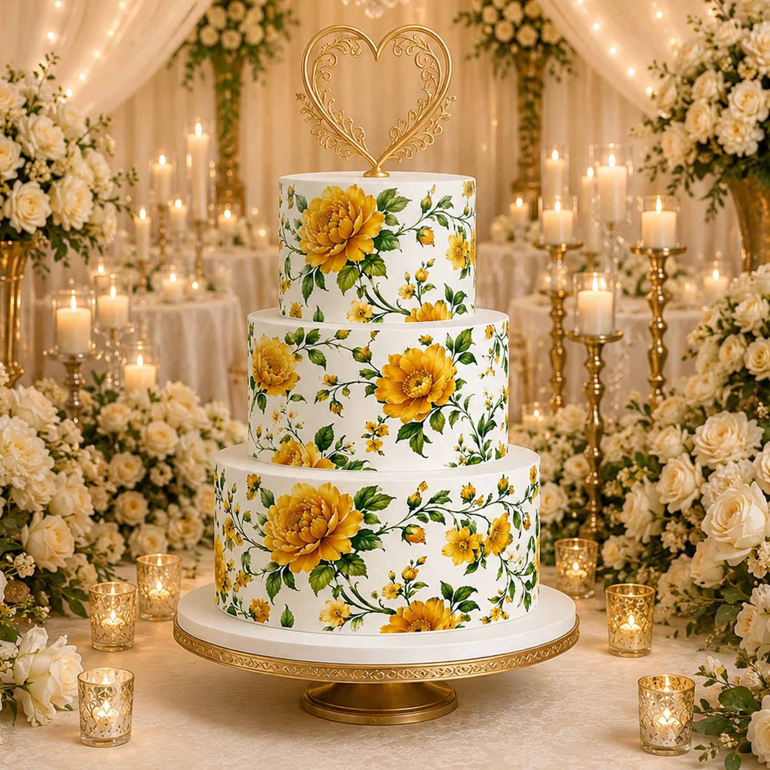 Golden Garden Wedding Custom Edible Image Cake Wrap – Seamless Icing Sheet - RA Pape Elegent Celebration