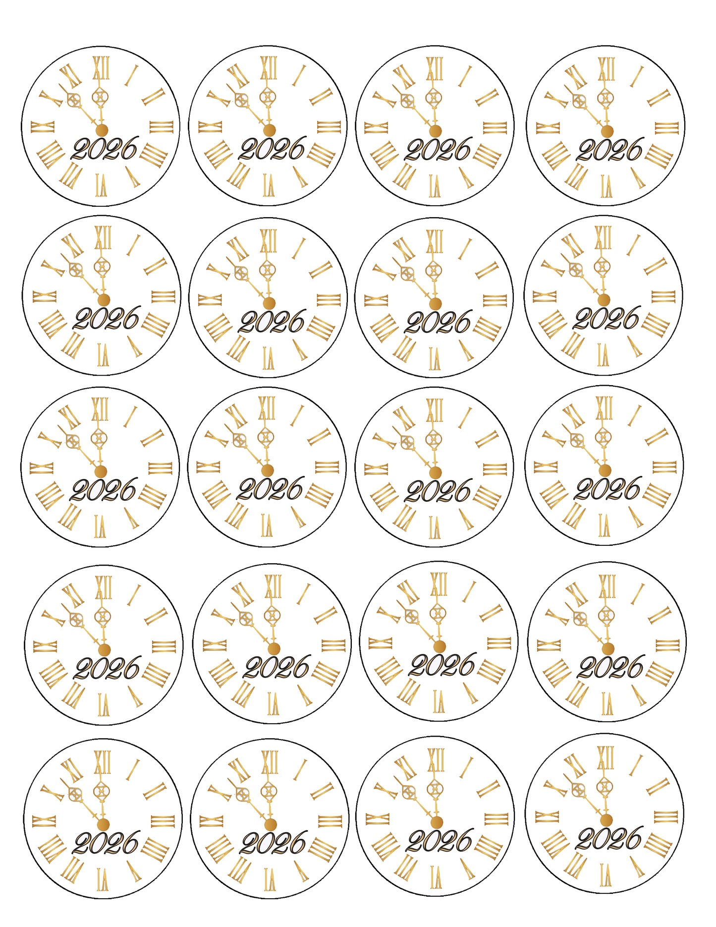 Sheet of Golden New Year Edible Image Clock Cookie & Cupcake Topper