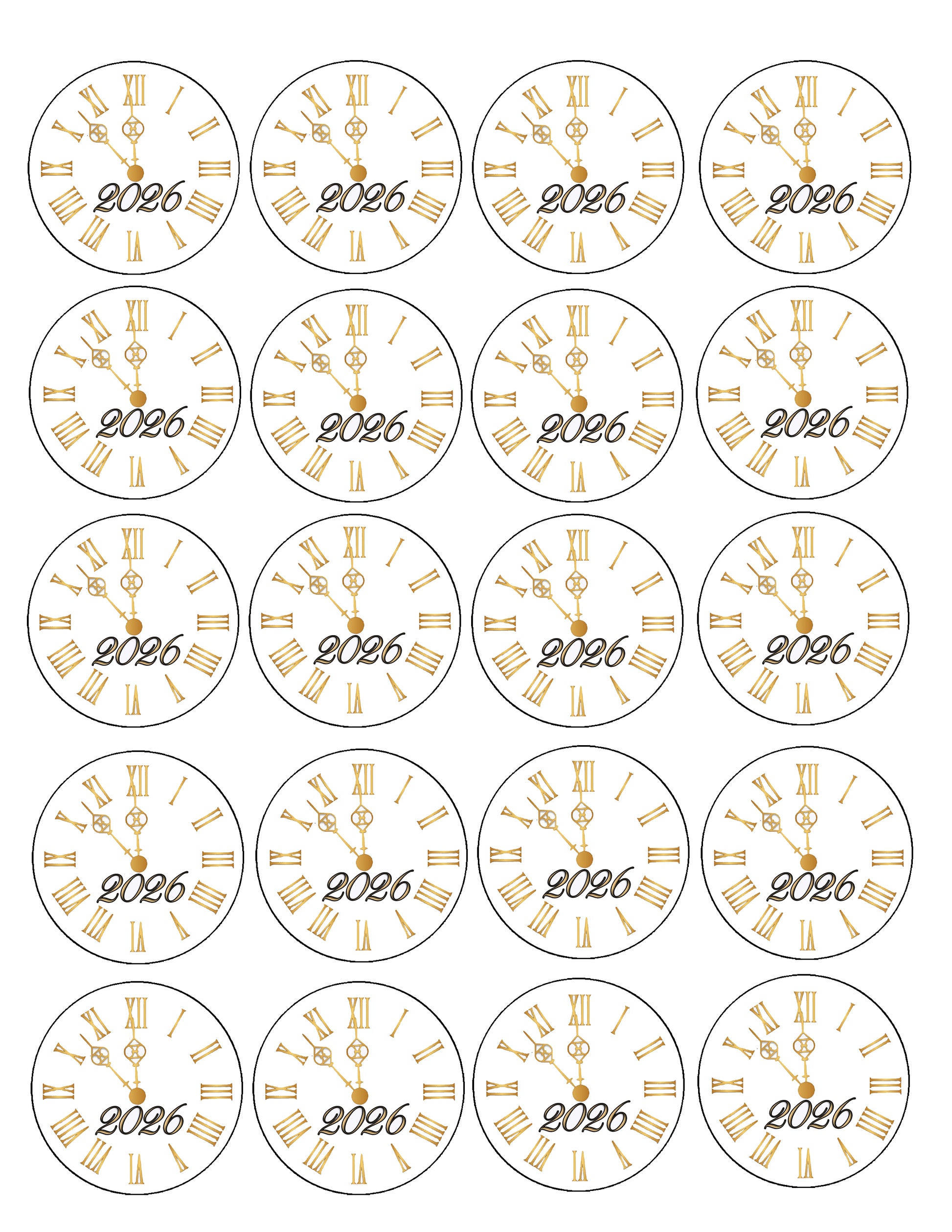 Sheet of Golden New Year Edible Image Clock Cookie & Cupcake Topper