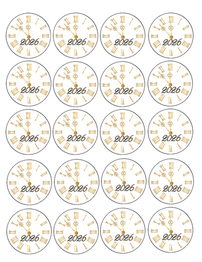 Sheet of Golden New Year Edible Image Clock Cookie & Cupcake Topper