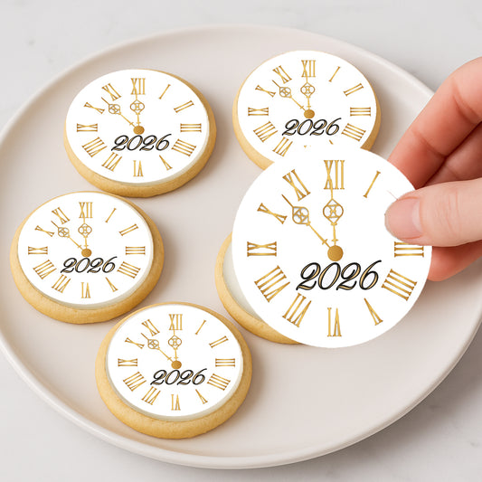 Custom Edible Cake Topper – Golden New Year  Design – Icing Sheet Cookie & Cupcake Images –20 Pre-cut 2” Round– RA Pape