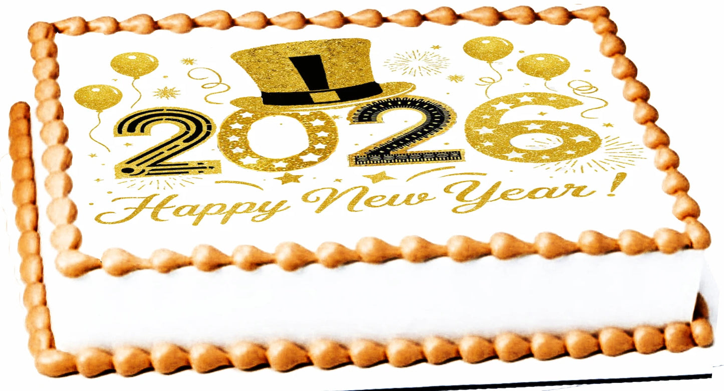 Custom Edible Cake Topper – Golden Top Hat New Year Design – 1/4 Sheet Cake (9x13) – Precut Icing Sheet – RA Pape