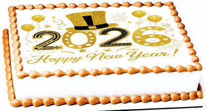 Custom Edible Cake Topper – Golden Top Hat New Year Design – 1/4 Sheet Cake (9x13) – Precut Icing Sheet – RA Pape
