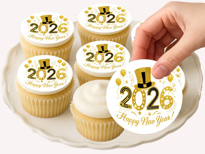 Golden Top Hat New Year Edible Image Cookie & Cupcake Topper Easy to Use
