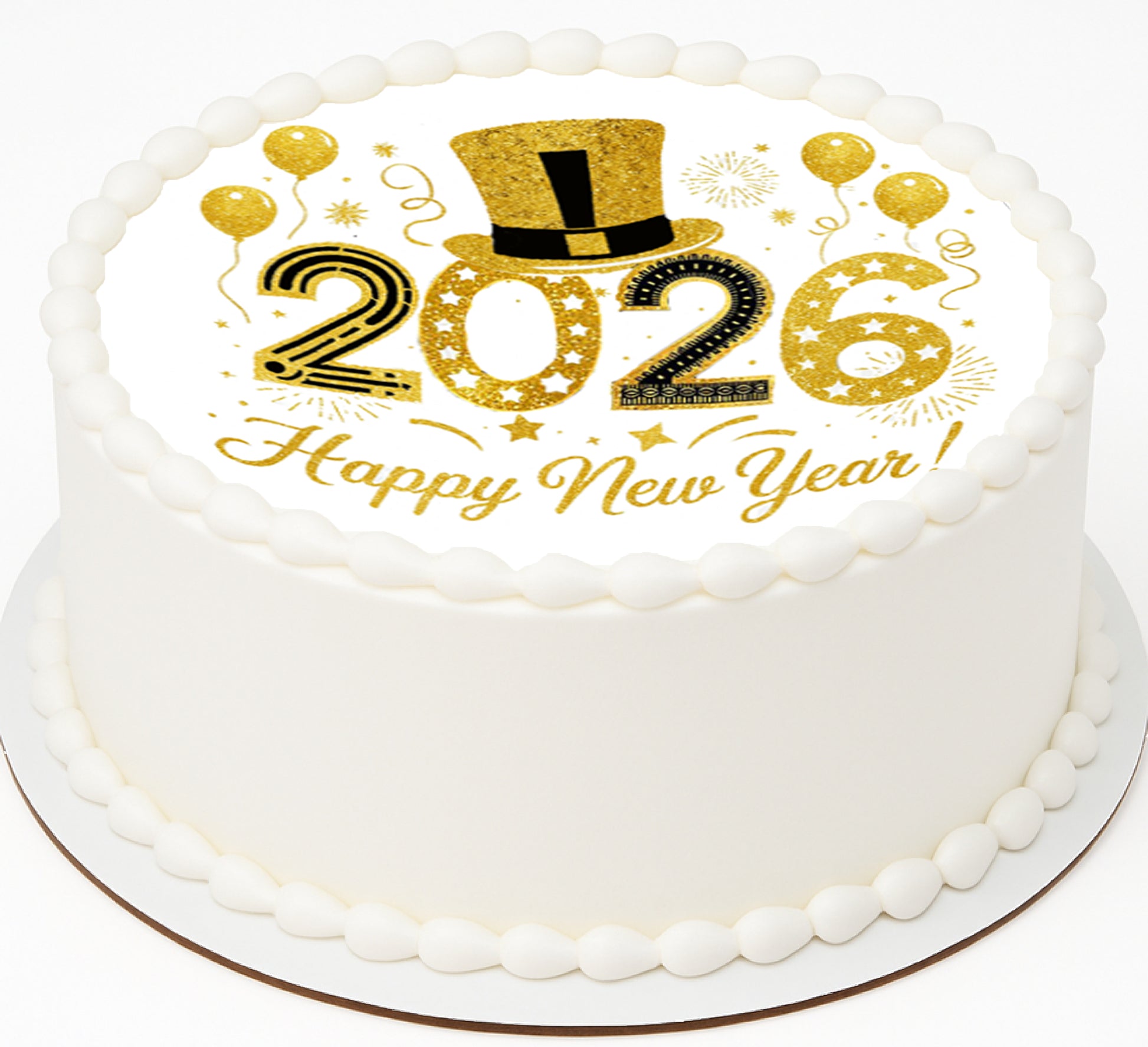 Custom Edible Cake Topper – Golden Top Hat New Year Design – Pre-cut 8" Round Icing Sheet – RA Pape